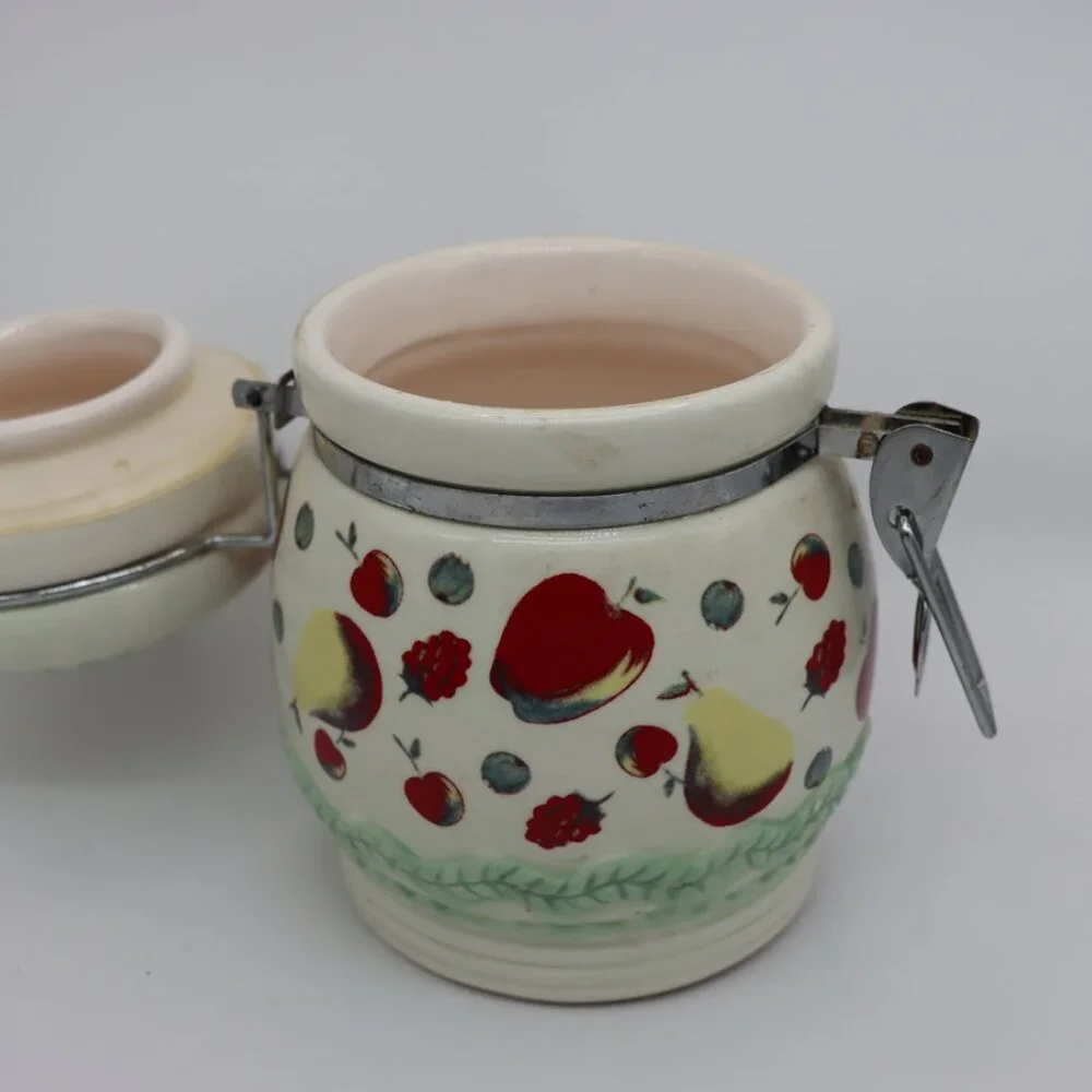 Vintage MSRF Inc. Cream Ceramic Fruit Canister Jar with Hinged Lid sealing  jar